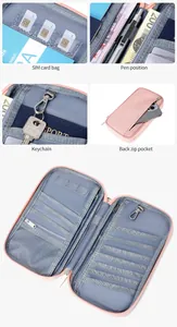 Detailed interior of pink RFID passport holder with SIM slots, pen loop and key chain