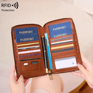 RFID Blocking Passport Holder Travel Wallet PU Leather Zipper Document Organizer With Airplane Decor And Hand Strap