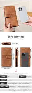 Detailed view of brown RFID wallet with dimensions and 12 card slots layout