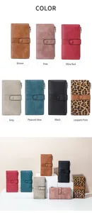 Detailed close-up showing seven color options for this RFID long wallet with snap closure