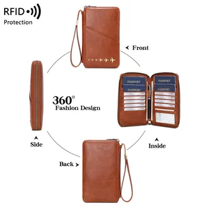 Brown leather RFID blocking travel passport wallet with zipper and airplane logo