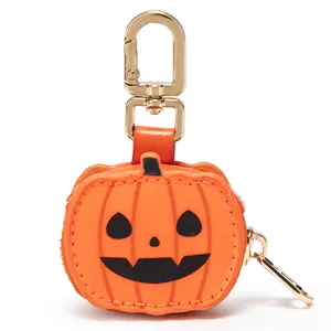 Llavero de calabaza 3D creativo mini bolso de cuero sintético naranja con cierre dorado