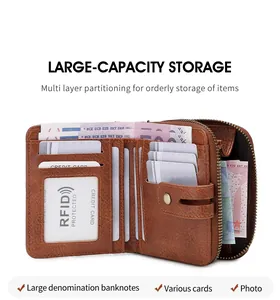 Detail showing the internal large capacity and RFID protection layers of the leather wallet