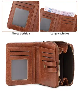 Detail view of RFID brown leather wallet showing card slots and zipper pocket
