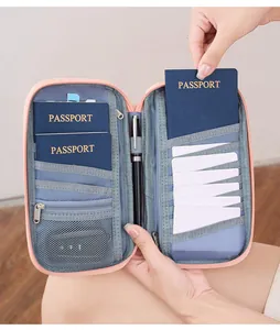 Detail of RFID blocking travel neck pouch with multiple card slots and passport pockets