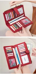 Detail of burgundy leather wallet interior with multiple card slots and RFID protection