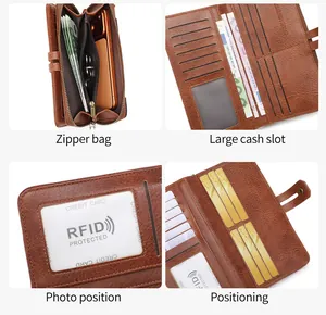 Details zur RFID-blockierenden langen Geldbörse mit Kartenfächern und Reißverschluss