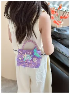 Borsa a tracolla per bambina viola con paillettes, sirena e manico di perle moda
