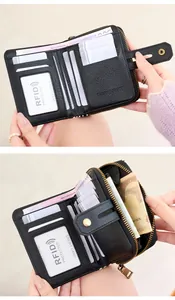 Detailed view of RFID blocking short wallet interior with multi-card slots and coin pocket