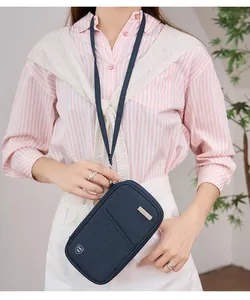 Deep blue RFID blocking neck wallet shown worn over a striped shirt in a lifestyle setting
