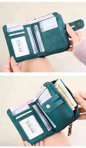 Detail view of RFID blocking leather wallet with multiple card slots and zipper pocket