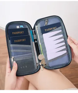 Detail view of the deep blue travel wallet interior with RFID passport and card slots