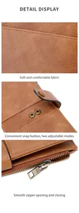 Detail view of brown leather texture with RFID protection and dual-snap button closure