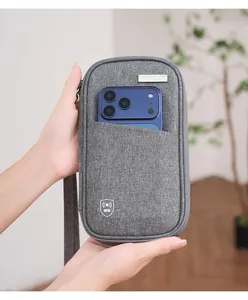 Macro shot of grey RFID blocking passport pouch with a smartphone in the front pocket