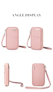 Pink RFID blocking passport pouch with adjustable strap shown from multiple angles