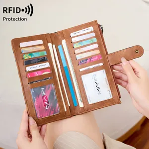 Brown long leather wallet for women with RFID protection and multi-card slot design