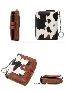 Detailed views of RFID short wallet with cow print, zipper closure, and keychain strap