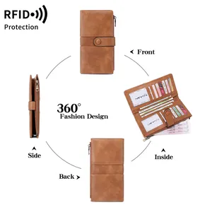 Vintage brown RFID blocking leather long wallet for women with multiple card slots