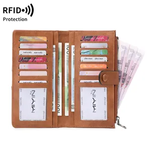 Brown long RFID blocking leather wallet featuring multiple card slots and large capacity