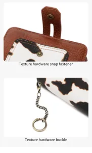 Detail of RFID wallet with vintage bronze hardware snap and cow print leather texture