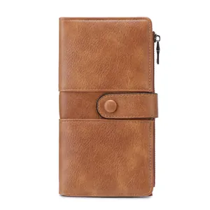 Brown leather RFID blocking long wallet with snap button and metal zipper closure