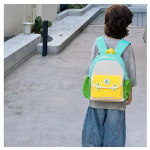 Detail of color-blocked kids backpack with wide shoulder straps and side pockets