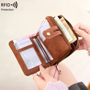 Short RFID blocking leather wallet for women with card slots and zipper coin pocket
