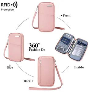 Pink RFID blocking passport holder with neck strap for travel documents and cards