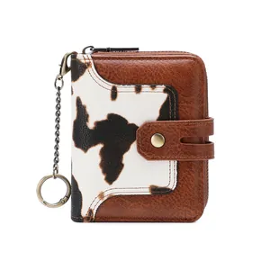 Brown leather and cow print RFID wallet with chain and key ring keychain for women