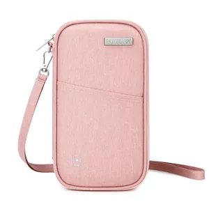 Pink RFID blocking passport holder neck pouch for travel and smartphone storage