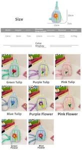 Size chart for kids floral crossbody bags showing dimensions and color options