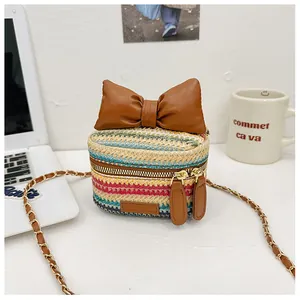 Detail of a mini rainbow woven bag with a brown bow and gold chain strap