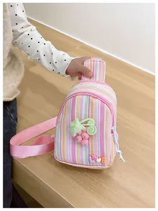 Close-up of girls' striped canvas chest bag with pink grape and LOVE letters