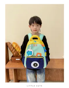 Detailed view of the colorful kids backpack with cute bear face and round mini pouch