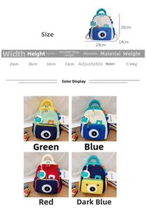 Detailed size chart and multi-color nylon dinosaur backpacks for kids showing dimensions