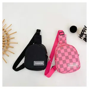 Detail of kids nylon chest bags with checkered pattern and adjustable straps