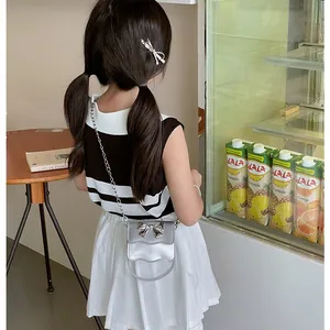 Girl's silver PU leather mini crossbody bag and bow hairpin set with metal chain