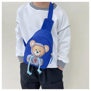 Blue kids crossbody bag with cartoon teddy bear and adjustable strap for sports