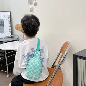 Kids checkered nylon crossbody chest bag in mint green with adjustable strap