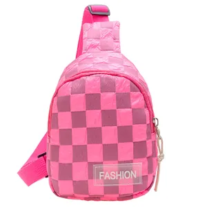 Pink and grey checkerboard crossbody chest bag for boys with adjustable strap