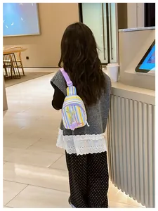 Detail of colorful striped kid's chest bag with tulip 3D floral decoration and purple strap