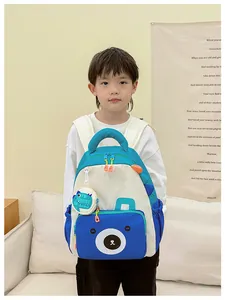 Kids blue bear backpack with round pouch, featuring adjustable straps and water-resistant fabric
