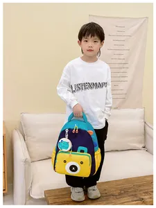 Detail of color-block kids backpack with cute 3D bear face and side mesh pocket