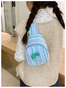 Detail of cute grape applique on striped waffle fabric kids crossbody sling bag