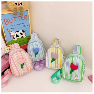 Detail of colorful striped canvas crossbody bags for kids with 3D tulip and LOVE letters