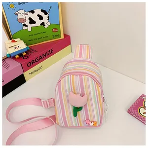 Close-up of pink striped girl chest bag with tulip 3D flower and LOVE letter logo