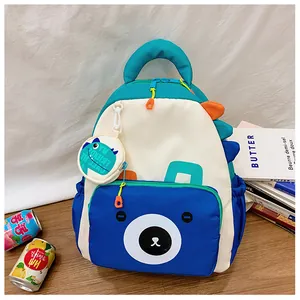 Detail of cartoon bear backpack for kids with durable nylon fabric and side mesh pocket