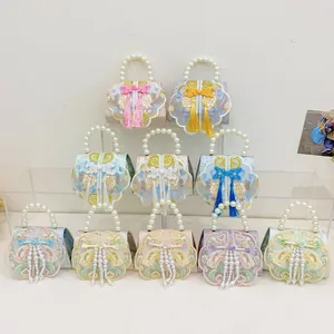 Kids Ancient Chinese Style Embroidery Shoulder Bag Faux Artificial Pearl Handle Tassel Girls Handbag Crossbody Bag Metal Chain