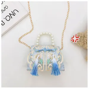Detail of light blue embroidered bag with pearl handle and tassels in Chinese style