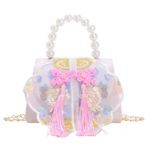Pink vintage girls embroidery handbag with pearl handle, silk tassel and chain strap